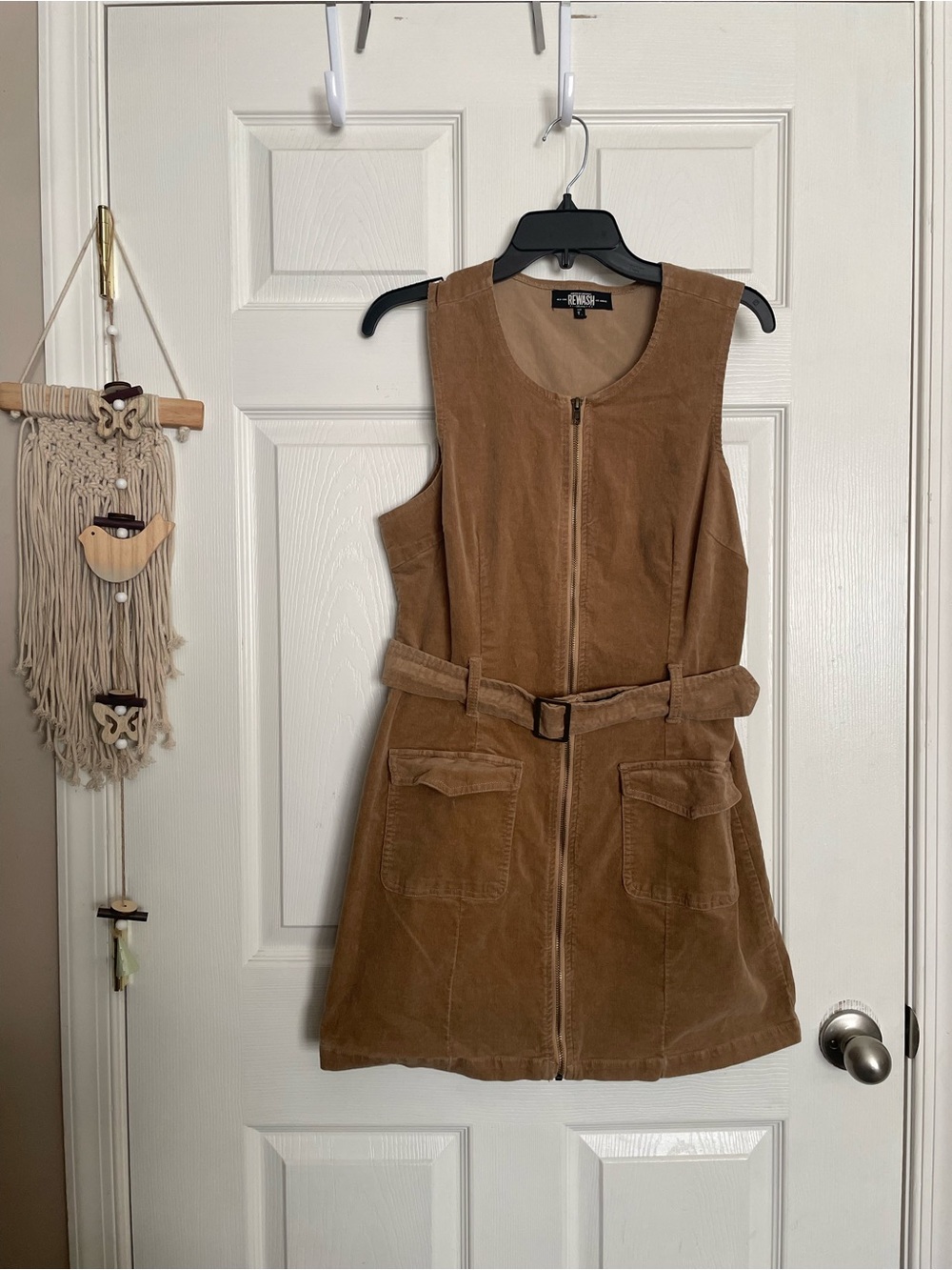 American Original Rewash L Sleeveless Corduroy Belted Mini Dress in Light Brown